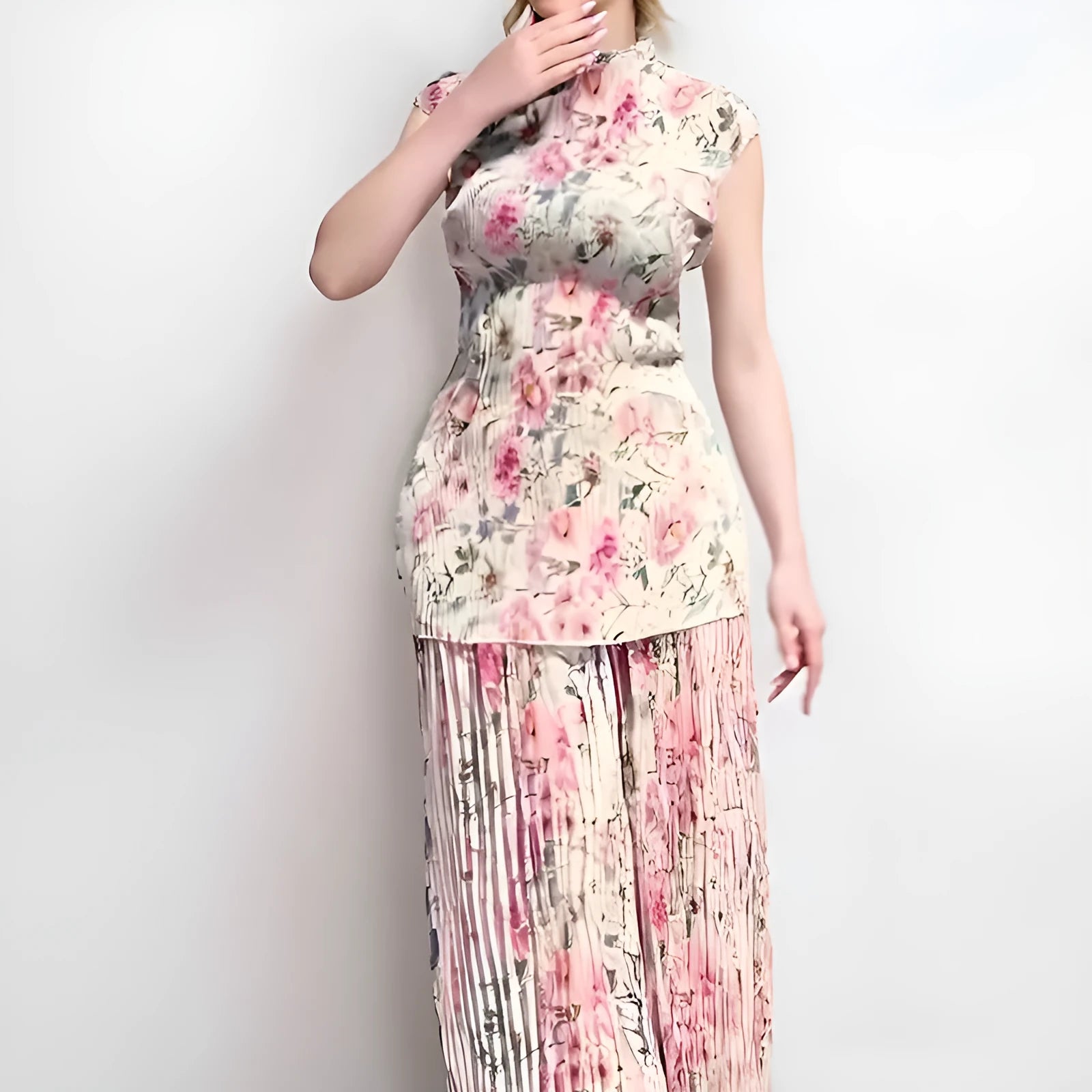 Long sleeve printed chiffon dress two-piece set with high waist skirt in picture colour