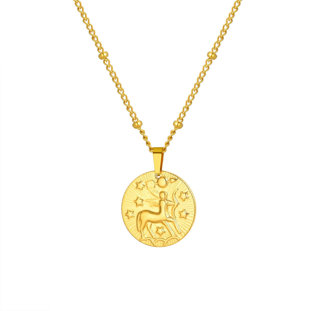 Stainless steel zodiac constellation bead necklace with twelve star signs on round geometric pendants and cross chain
