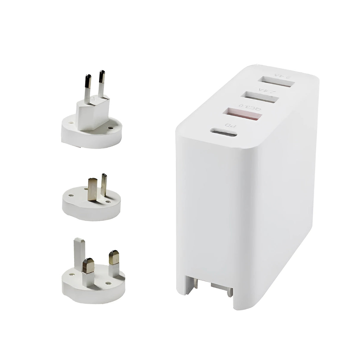 Black or white 48W PD charger with four USB-C ports and interchangeable UK, US, EU, AU plugs.