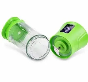 Blue portable electric handheld juicer with USB charging port and 400ml measurement markings on cup.