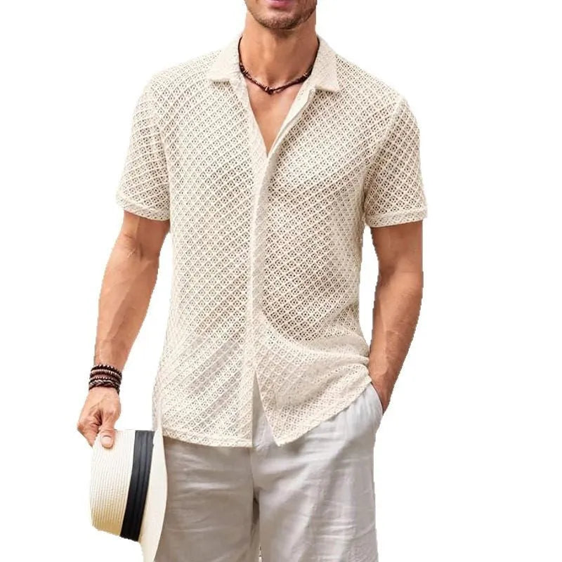 Men's short sleeve lapel shirt in cotton blend fabric available in beige, black, white