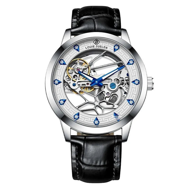 Men's silver mechanical watch with white dial, blue hands and black leather strap