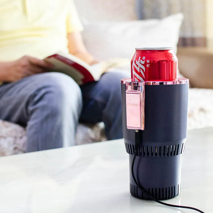 Black 12V car heating and cooling cup with digital temperature display in vehicle cup holder