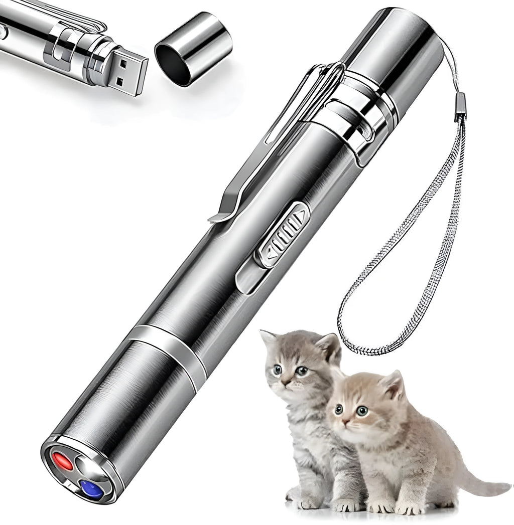 Silver aluminium alloy cat toy pointer with light patterns, metal clip, and USB charging port