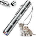 Silver aluminium alloy cat toy pointer with light patterns, metal clip, and USB charging port