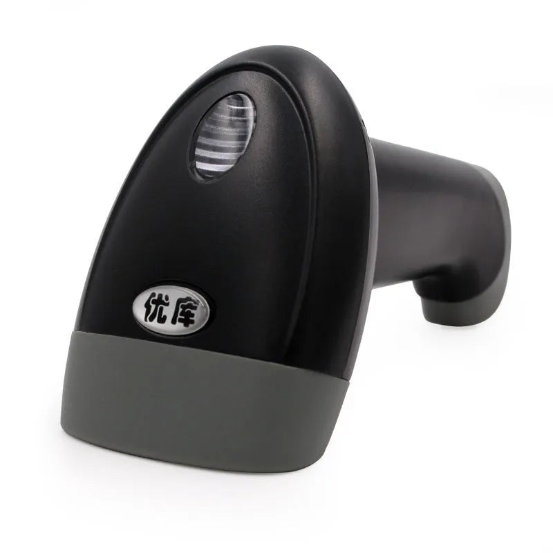 Youku M2 white serial port handheld 1D red light barcode scanner with USB cable on a desk