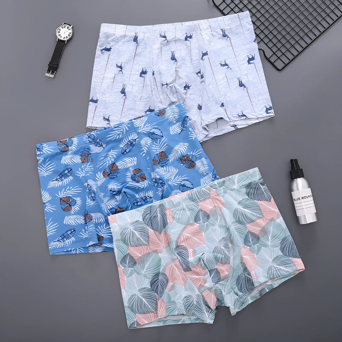 Men's mid-waist antibacterial boxer briefs in sizes L to 4XL with eight colour prints including Lemon and Coconut