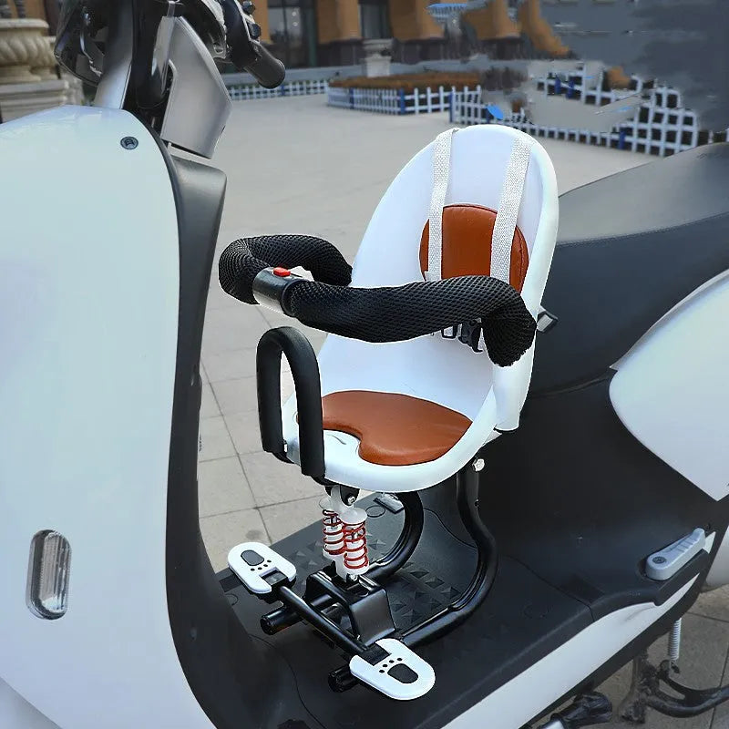 High carbon steel front-mounted child seat for battery scooter in black, red, or white.