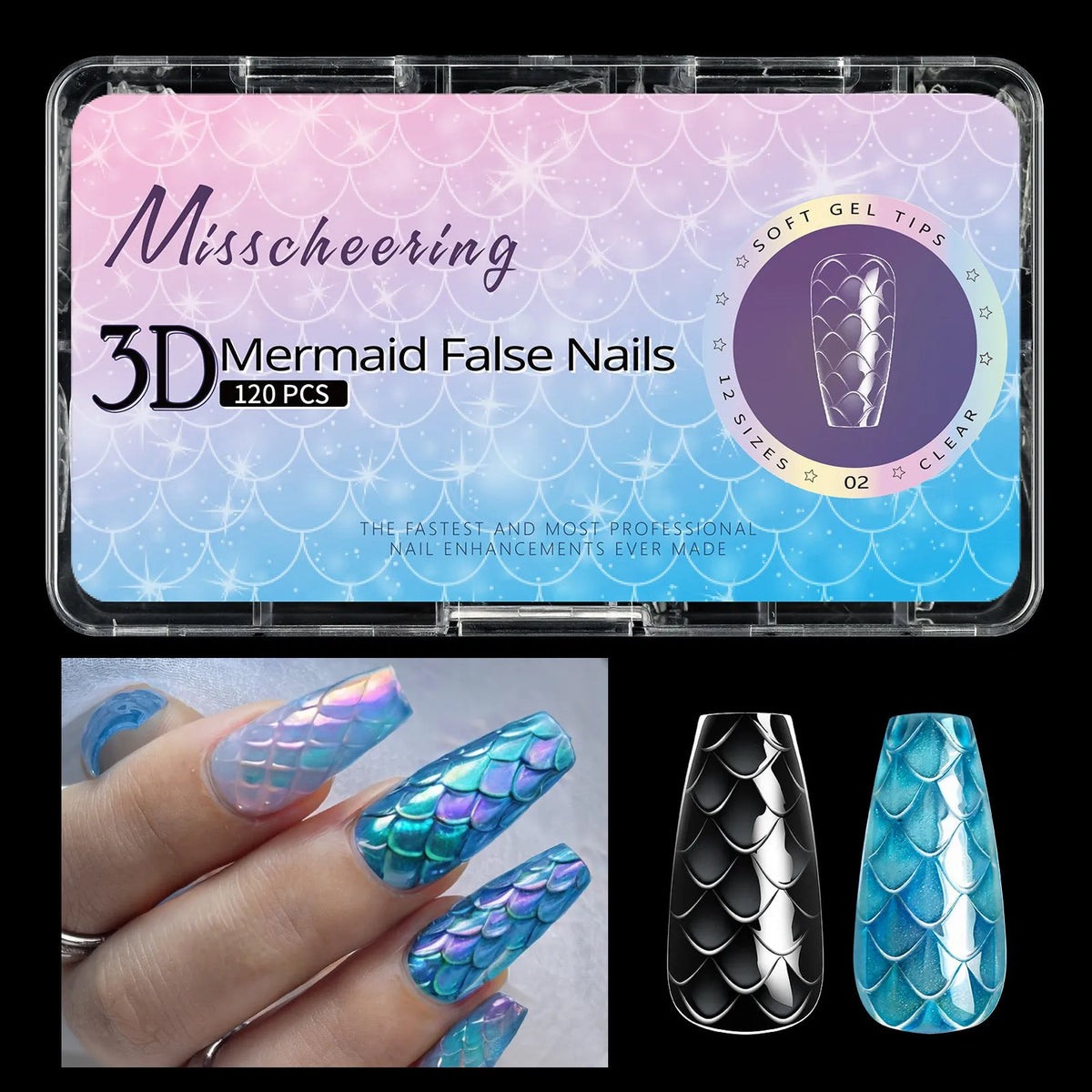 3D scale long shaping nail tips in multiple colour sets for professional nail extensions