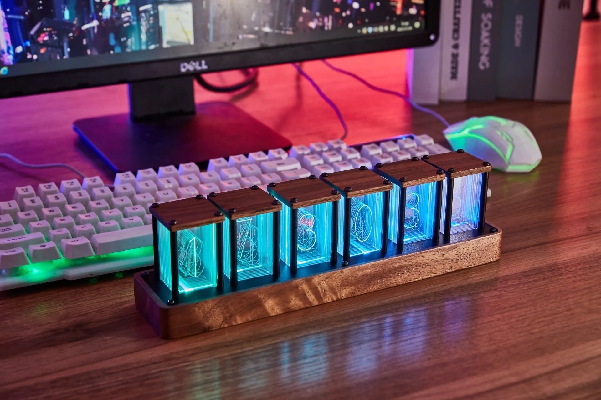 Analog Nixie tube digital alarm clock with walnut wood and aluminium alloy shell, six-grid 350mm design on a desk