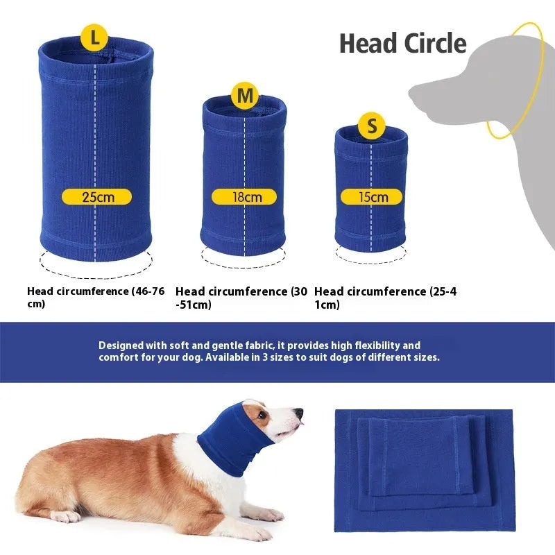 Blue polyester headband scarf for dogs shown in small, medium, and large size options