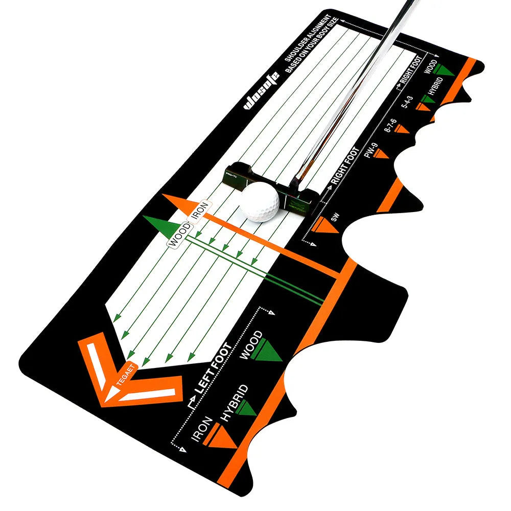 Black neoprene golf swing posture correction training pad on a green surface.