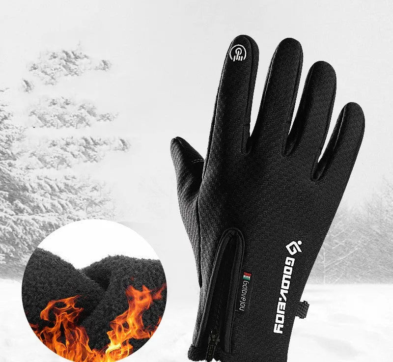 Unisex winter cycling gloves in black made of polar fleece with split finger design and printed pattern