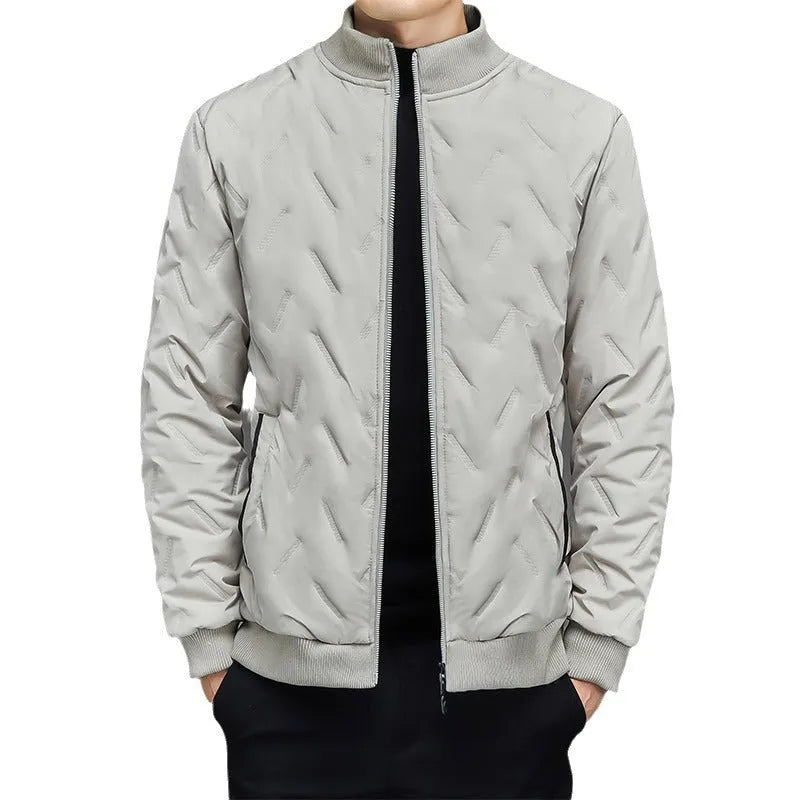 Men's fleece-lined stand collar cotton-padded winter coat in khaki, thickened polyester, 50cm length