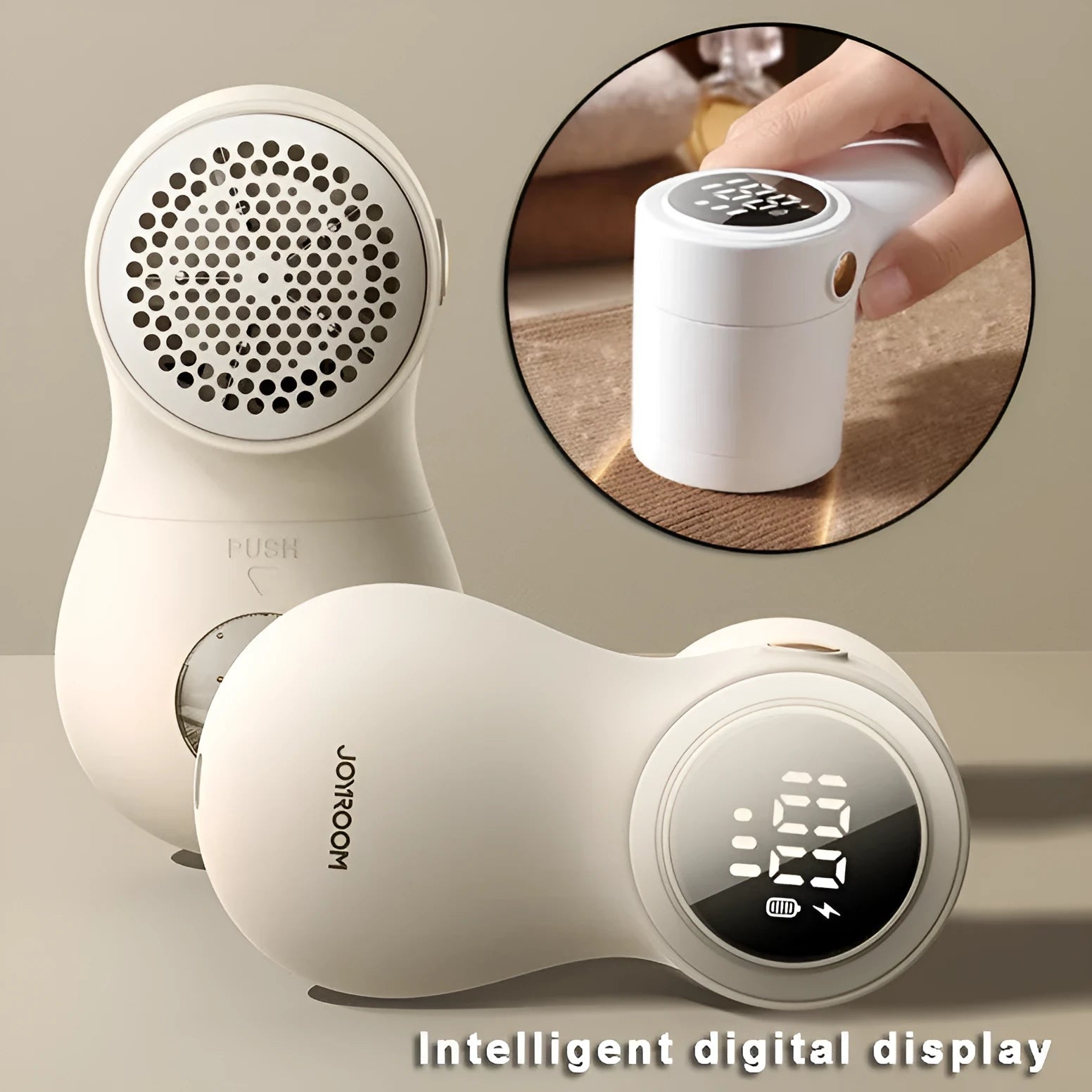 White electric lint remover with LED display, USB port, and stainless steel cutter head on a fabric background.