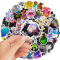 50 piece waterproof PVC luggage stickers with glossy finish in sizes 3cm to 8cm