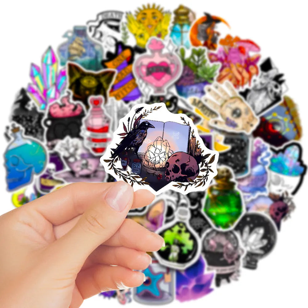 50 piece waterproof PVC luggage stickers with glossy finish in sizes 3cm to 8cm