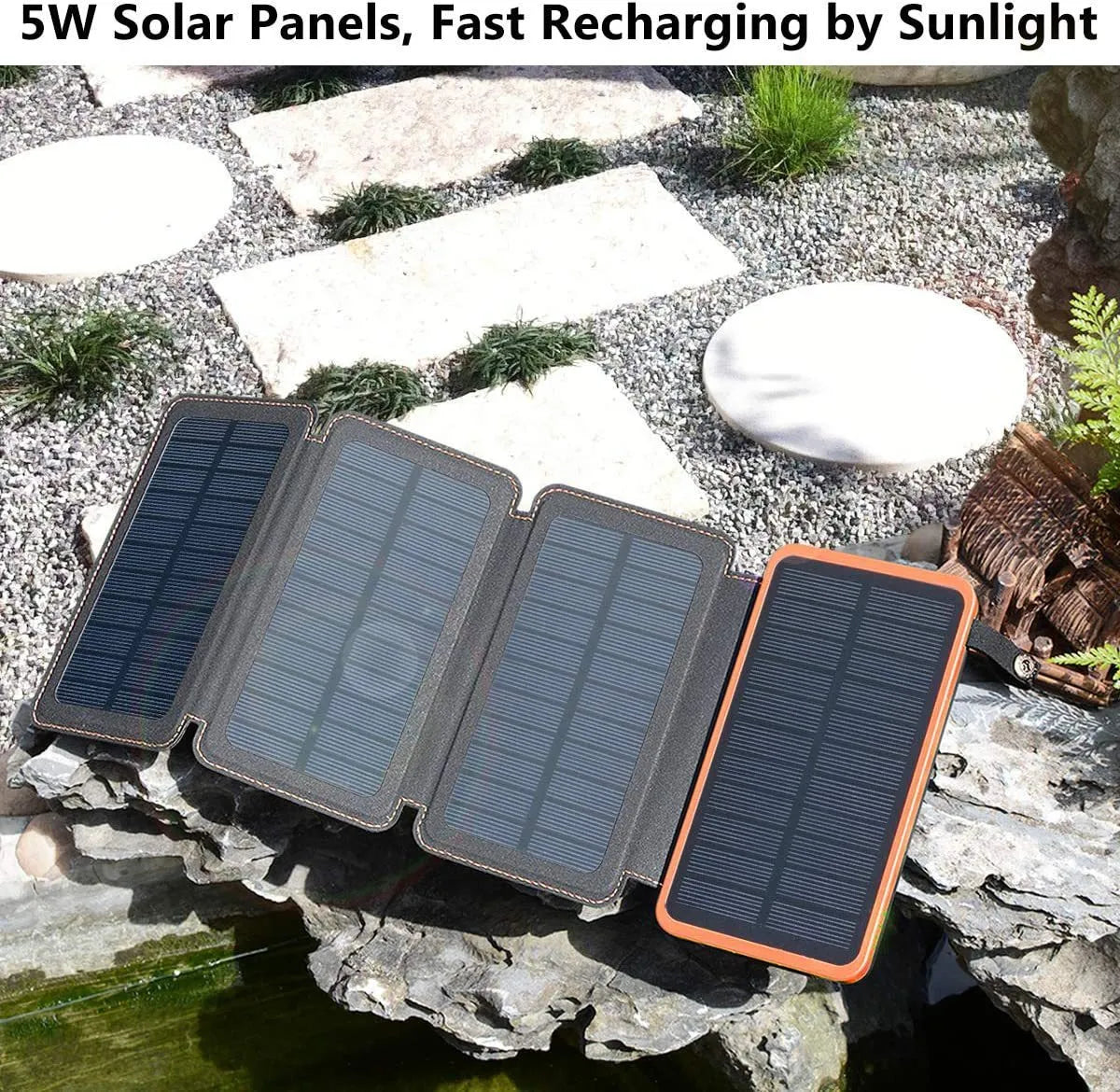 Outdoor solar power bank with waterproof black casing, solar panel, LED light, and USB ports