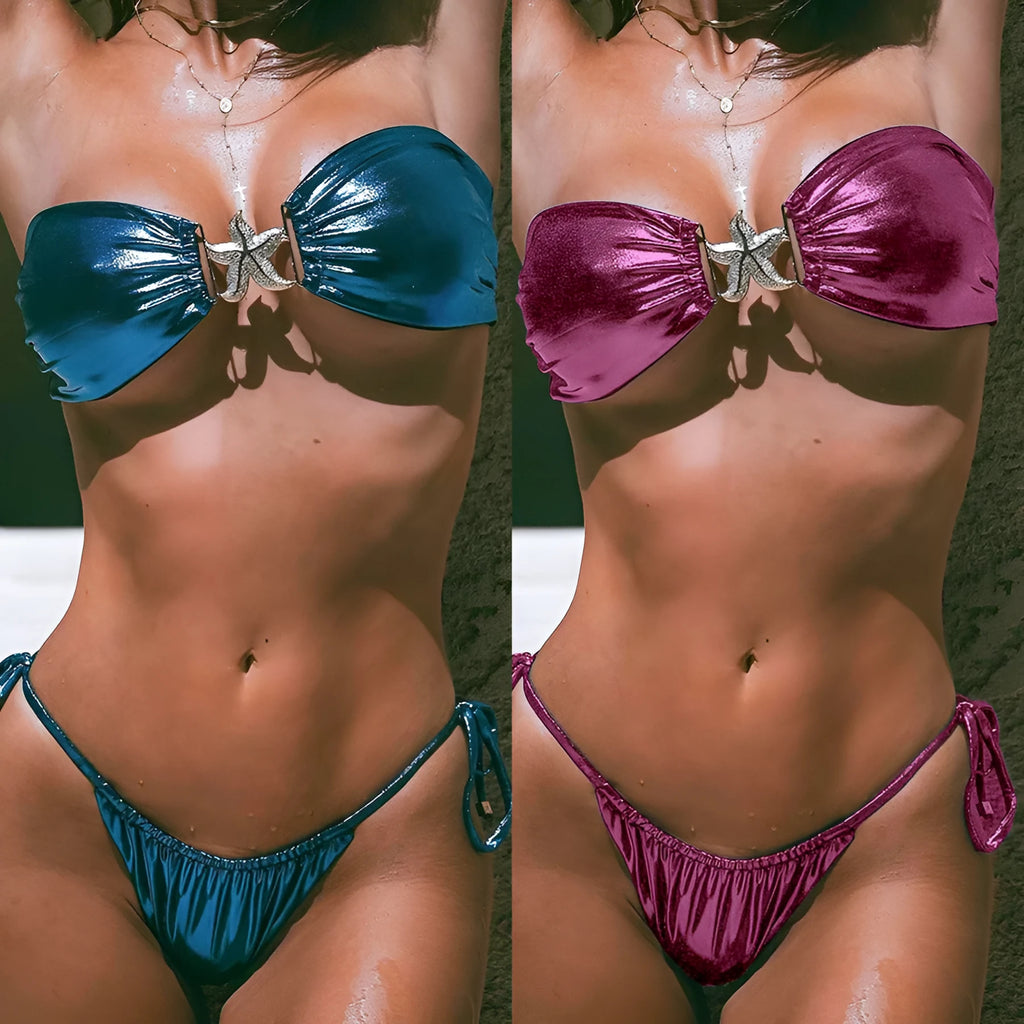 Blue glossy women's bikini with gold starfish print and tube top design