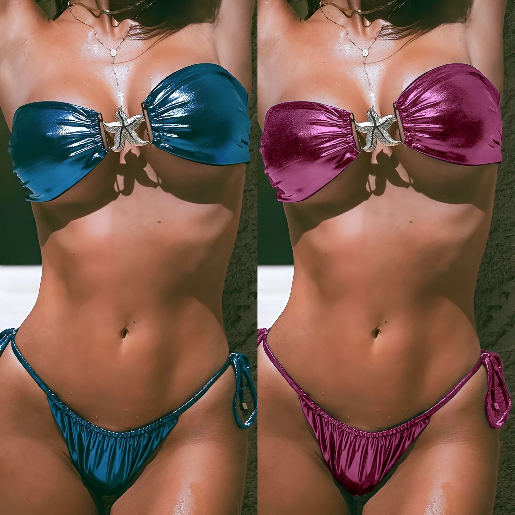 Blue glossy women's bikini with gold starfish print and tube top design
