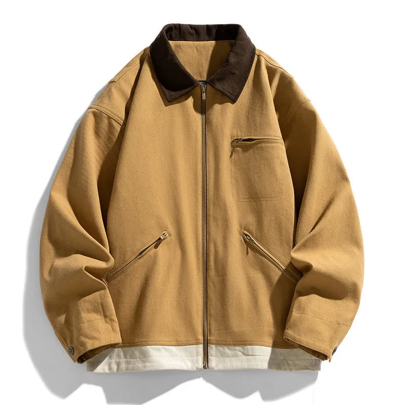 Men's loose-fit Korean retro workwear jacket with contrast lapels in olive green