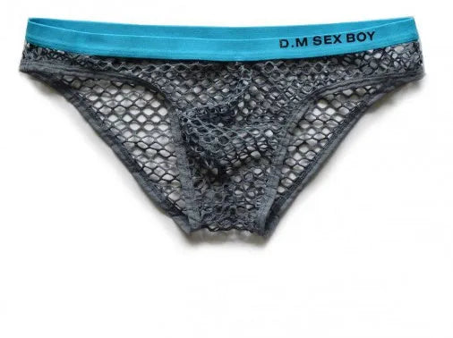 Men's breathable mesh briefs in quick-drying polyester, shown in low-waist cut with colour options.