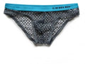 Men's breathable mesh briefs in quick-drying polyester, shown in low-waist cut with colour options.