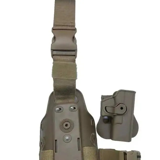 Tactical leg holster bag with waist plate and quick-pull fastener in green colour