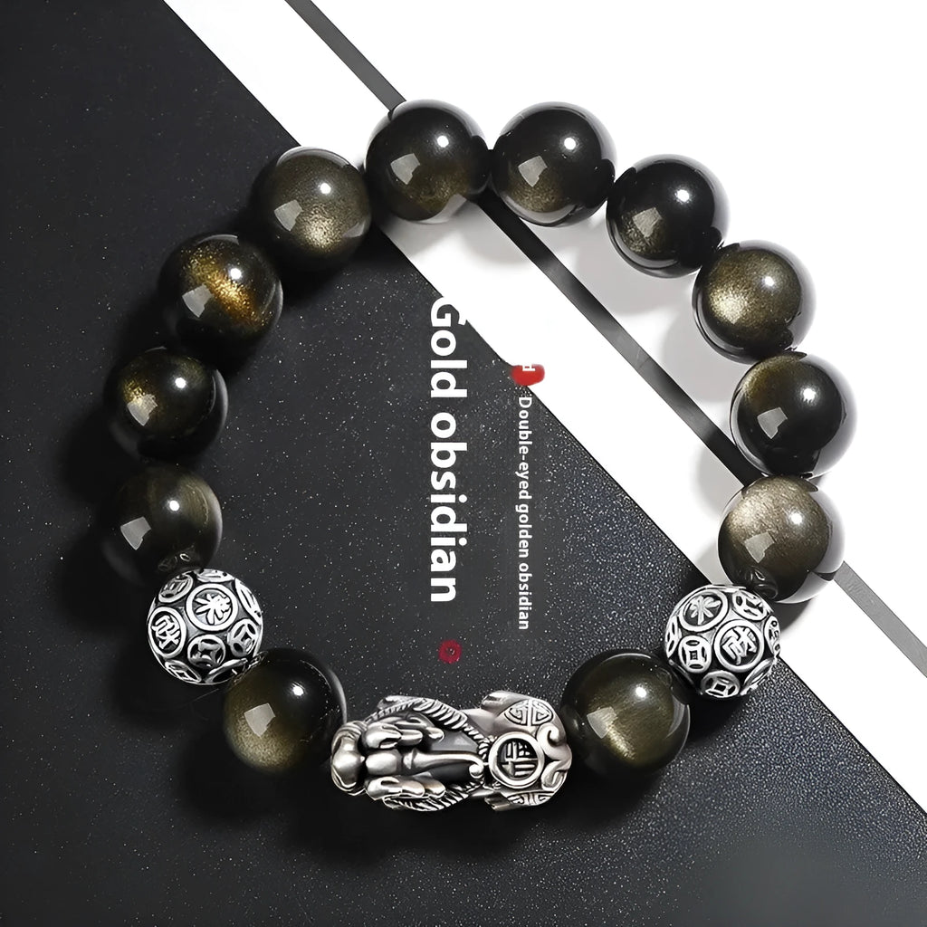 Men's geometric obsidian bracelet with sterling silver framework and leather detailing in three width sizes