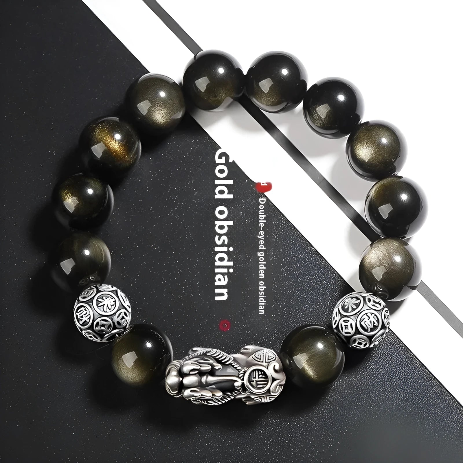 Men's geometric obsidian bracelet with sterling silver framework and leather detailing in three width sizes