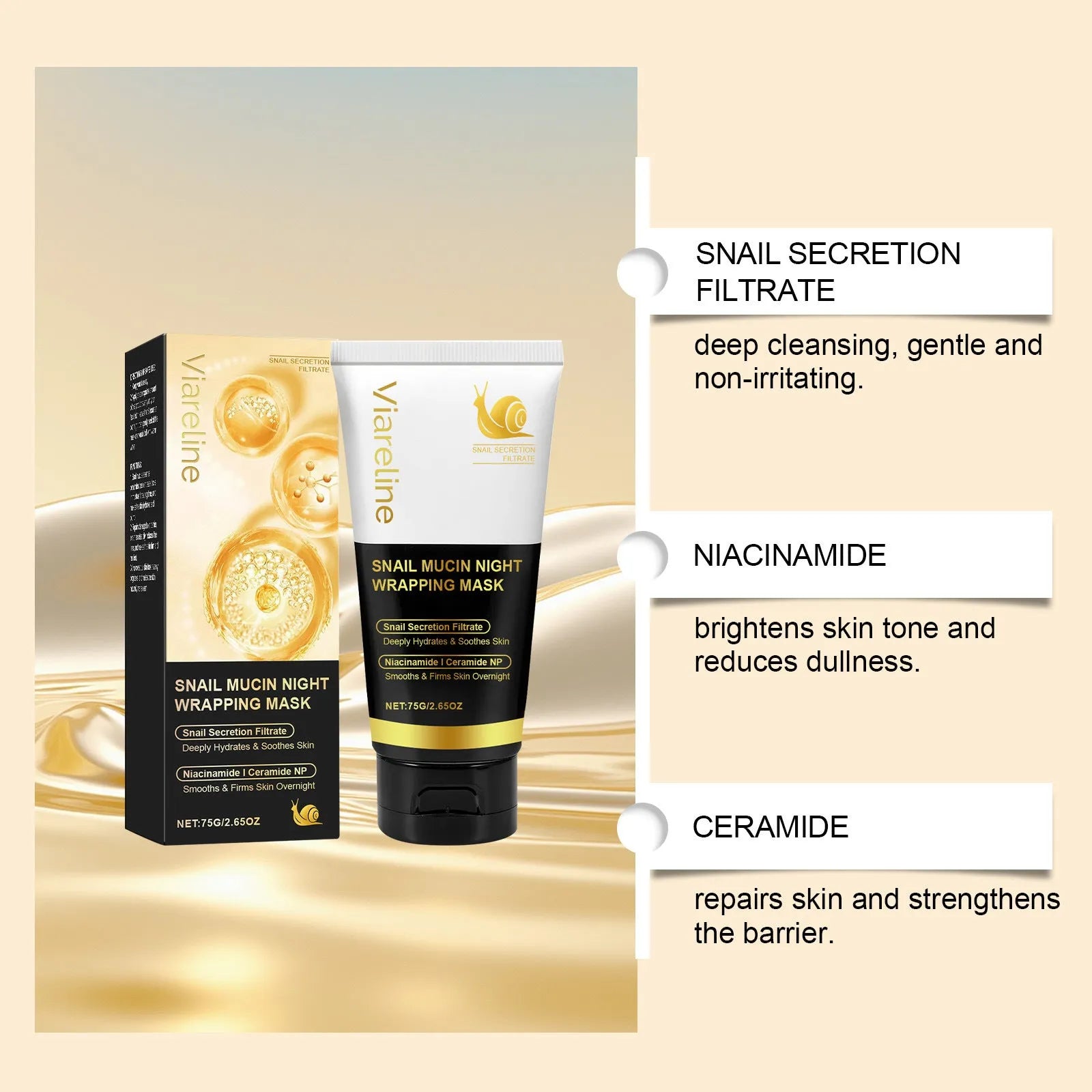 Snail mucus tearing facial mask with collagen and ceramide in 75g single unit packaging