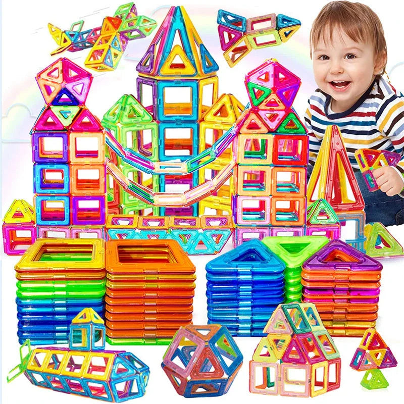 Magnetic building blocks in various sizes and colors, perfect for creative play and STEM learning