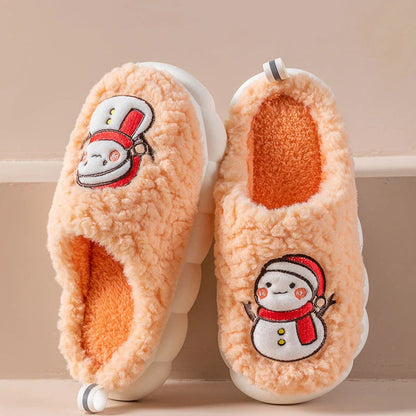 Cozy snowman-designed slippers with plush upper and anti-slip sole for indoor winter wear