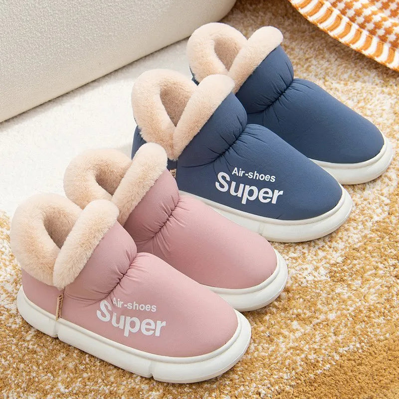Warm house slippers with plush fleece lining and high back heel, shown in assorted colours.