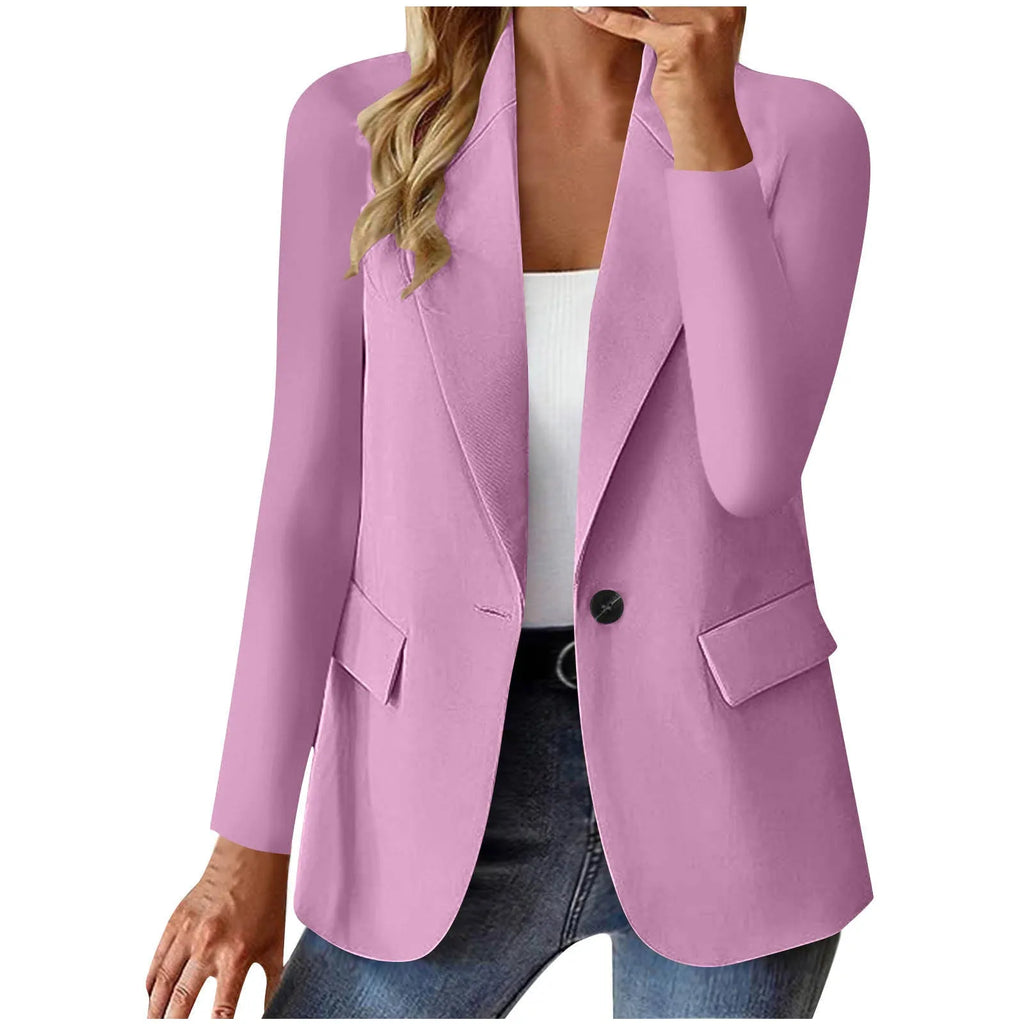 Women's long sleeve solid colour cardigan suit jacket with pocket, slim fit, shown in multiple colours
