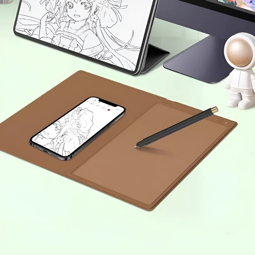 Huion Note X10 Elk Brown digital drawing tablet with PW320 pen on a desk
