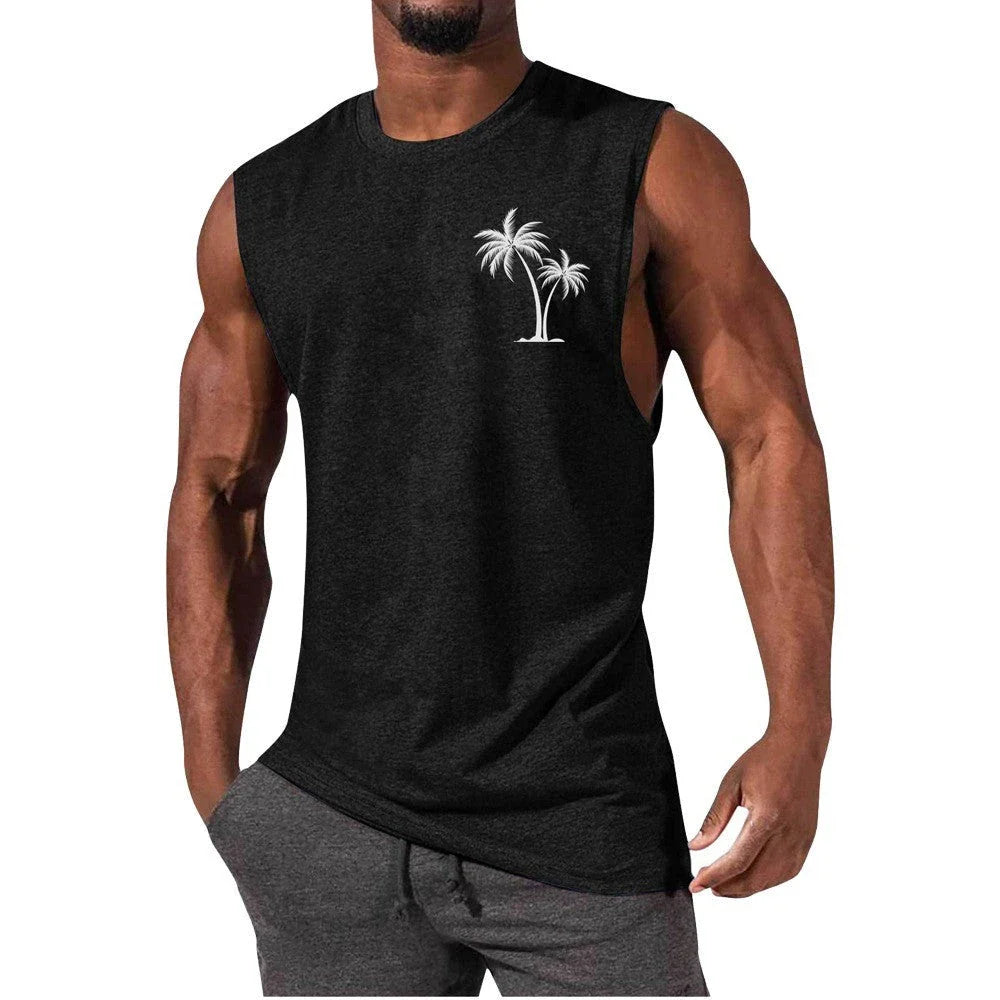 Stylish tropical tank top with coconut tree embroidery design, ideal for summer workouts and active lifestyles.