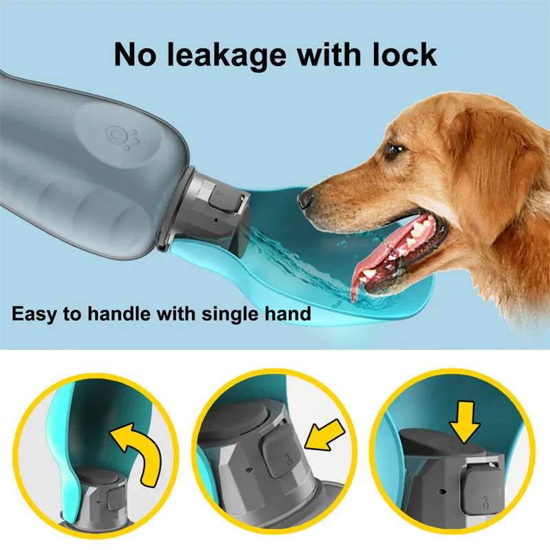 Blue grey portable dog water bottle with foldable drinking bowl showing 800ml capacity