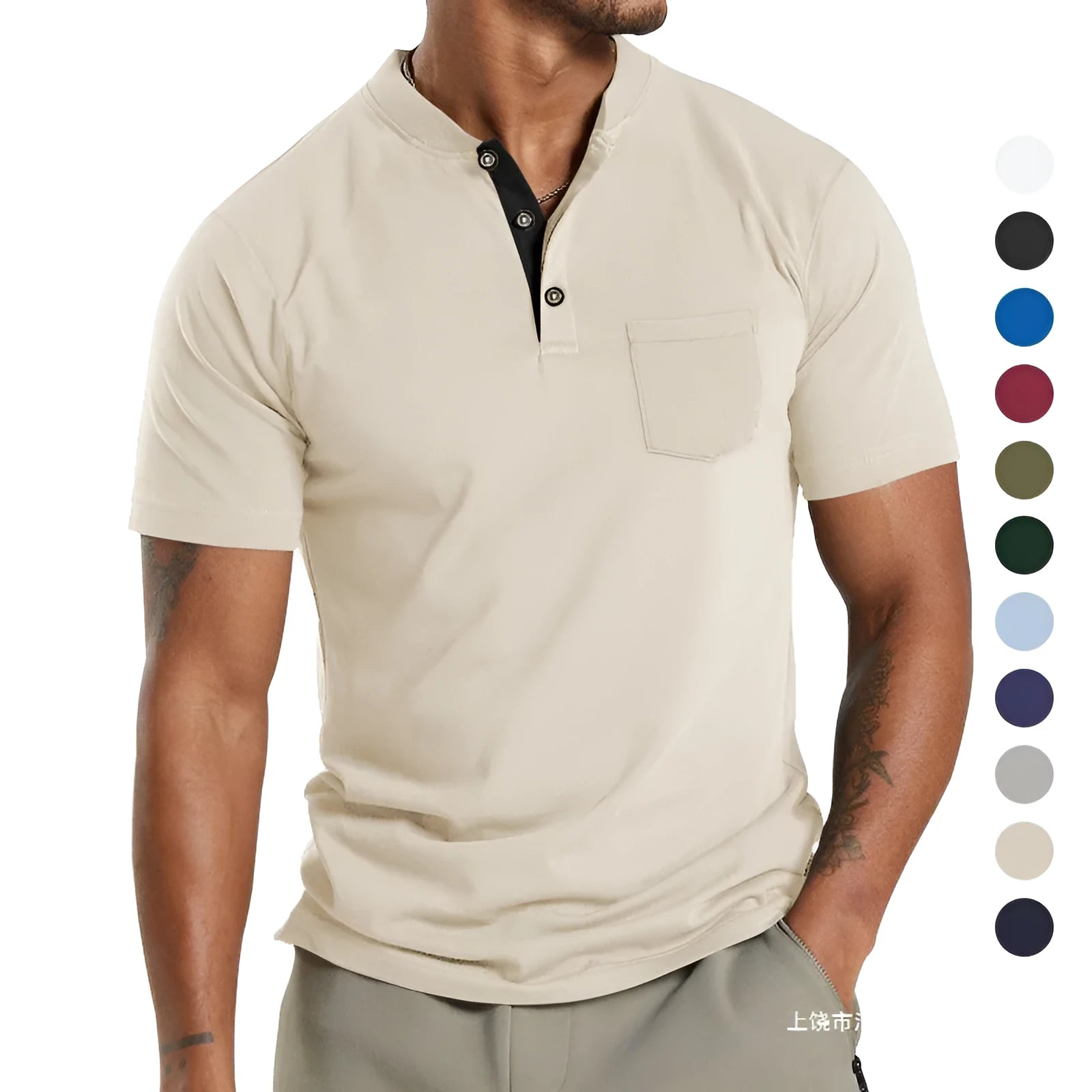 Men's plus size short sleeve polyester shirt with a button pocket in a solid colour