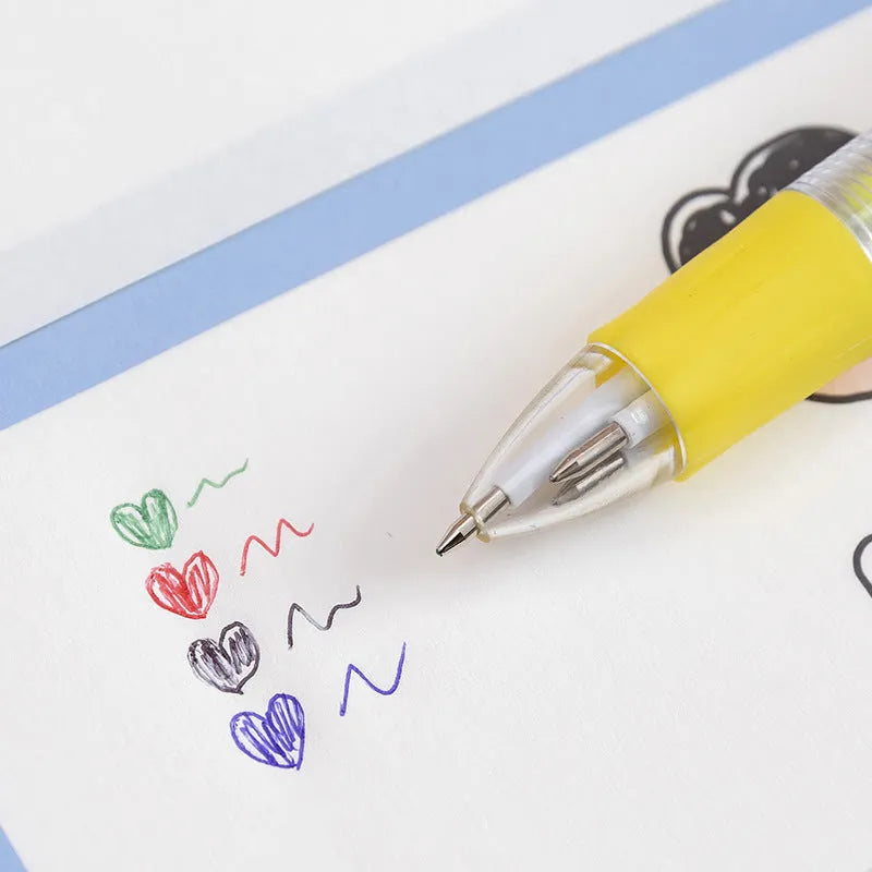Four-colour press ballpoint pen with cartoon design showing cactus, fast food, fruits, heart wings, or seahorse themes