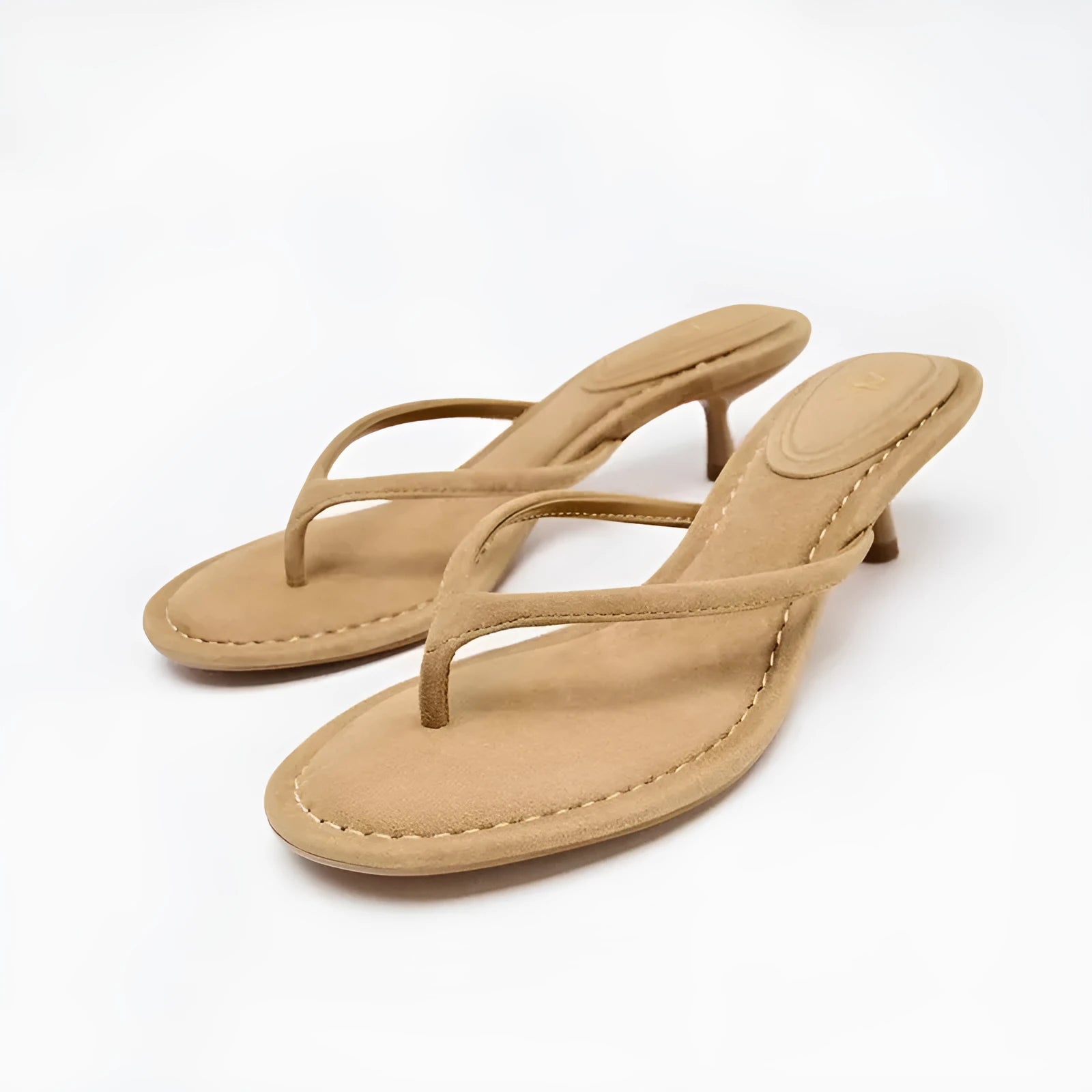 Women's round toe mid-heel summer sandals in black with a flip-flop strap and rubber sole.