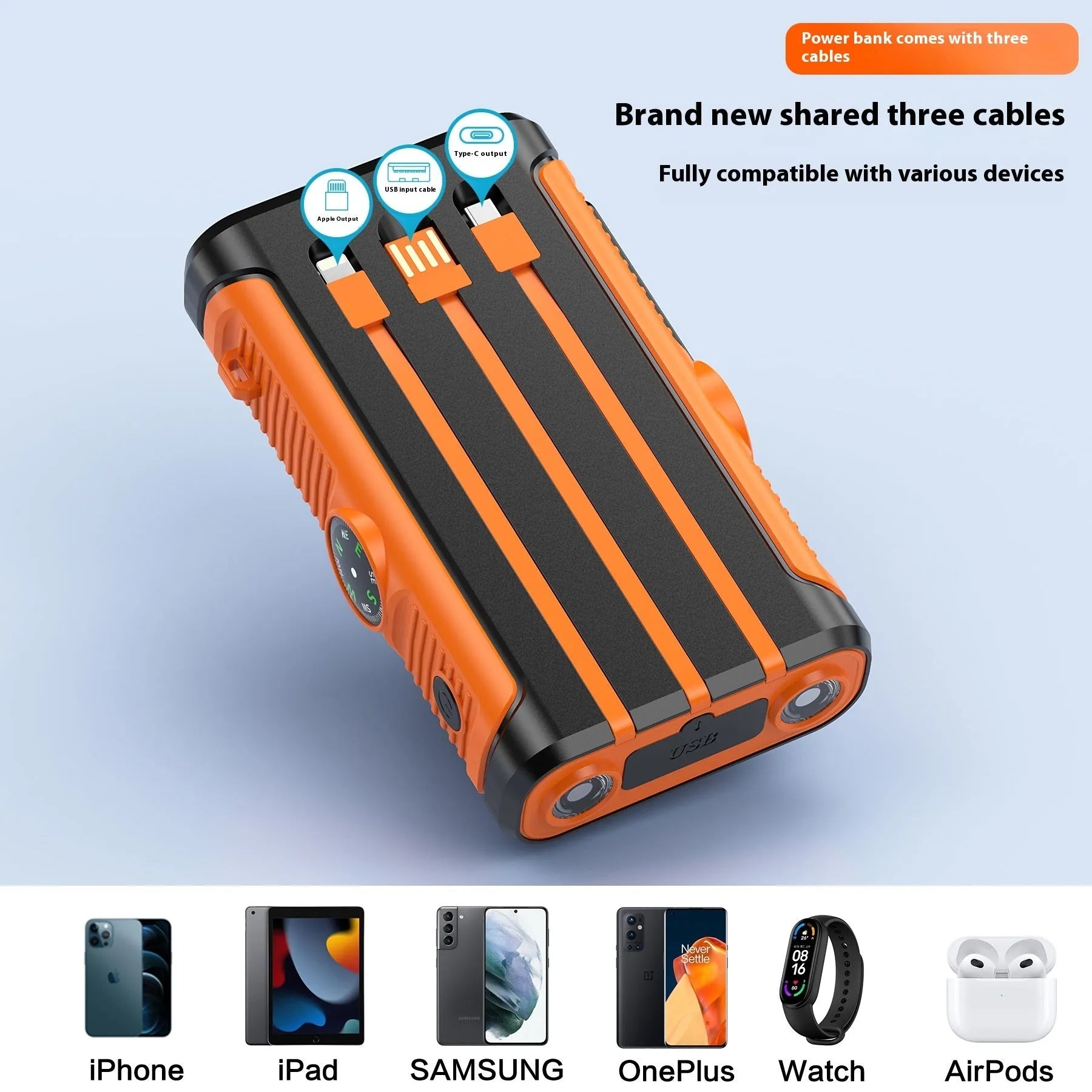 Solar outdoor camping hand crank power bank in black with orange accents, 20000mAh, plastic shell, compact 16.65x8.55x3.5cm