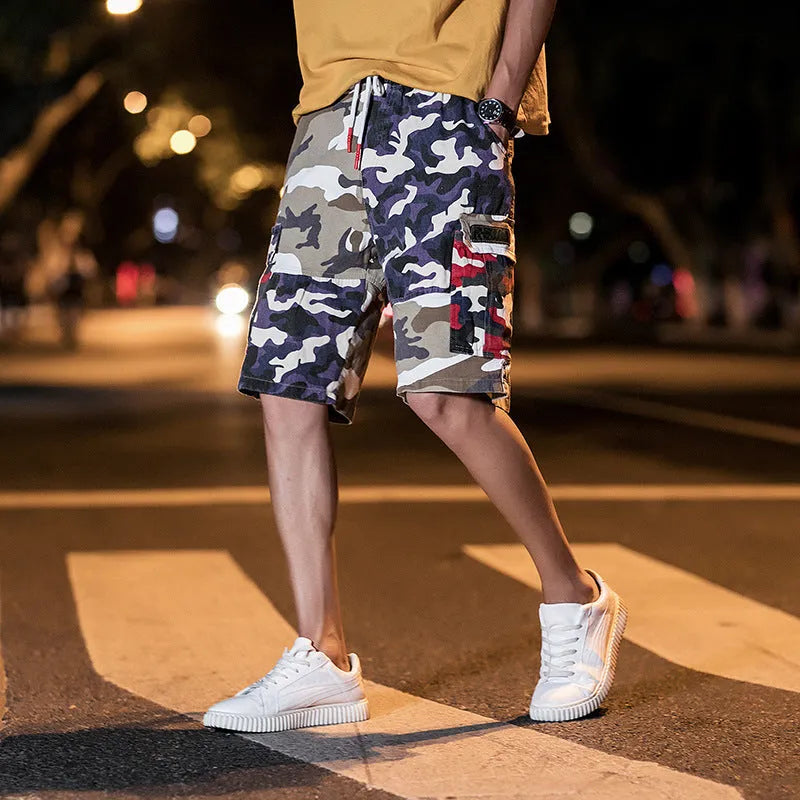 Men's loose fit camouflage five-point cotton trousers, mid-rise waist, available in sizes M to 5XL