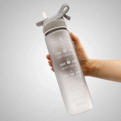 Premium reusable water bottle with one-touch open design, built-in sprayer, and personalized hydration tracking