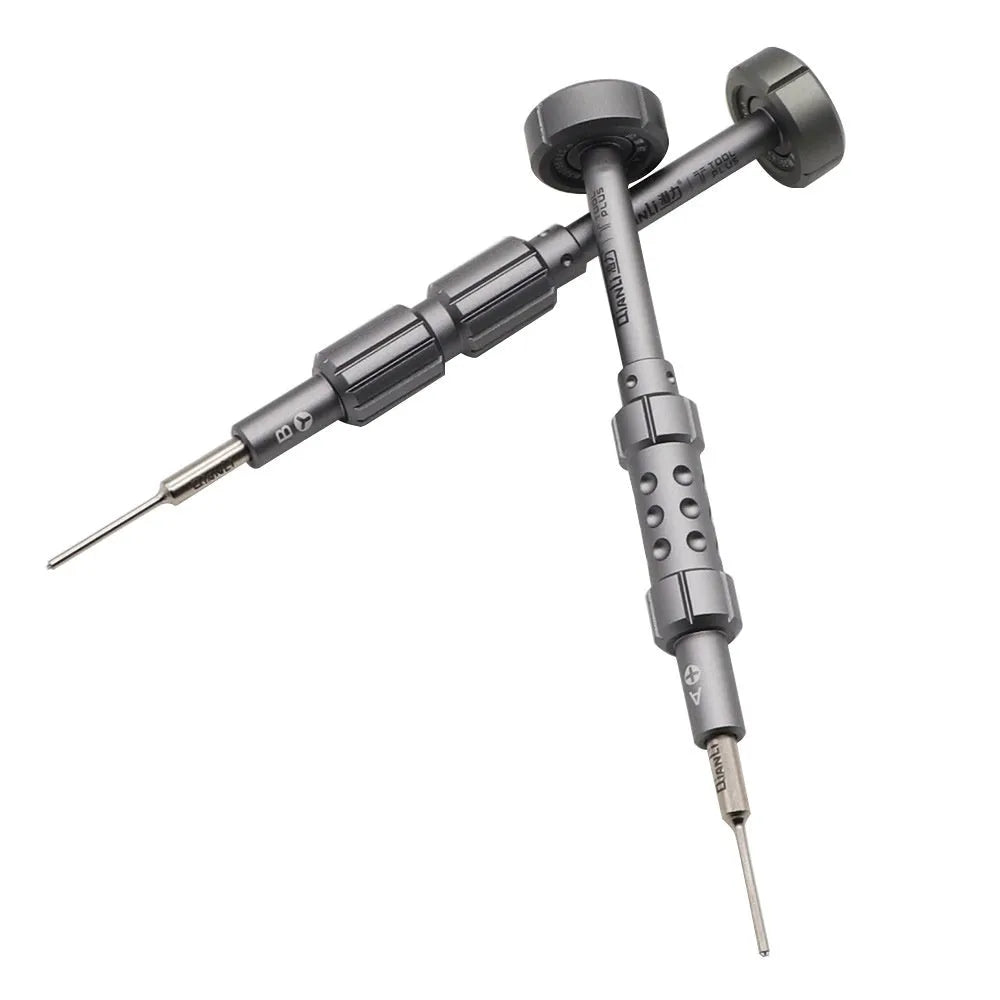 Precision screwdriver with grenade-shaped aluminium handle and multiple bit types for iPhone repair