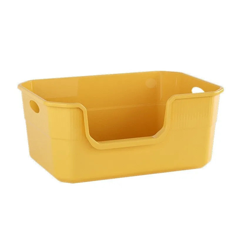 Oversized open semi-closed cat litter box in assorted colours on a white background.
