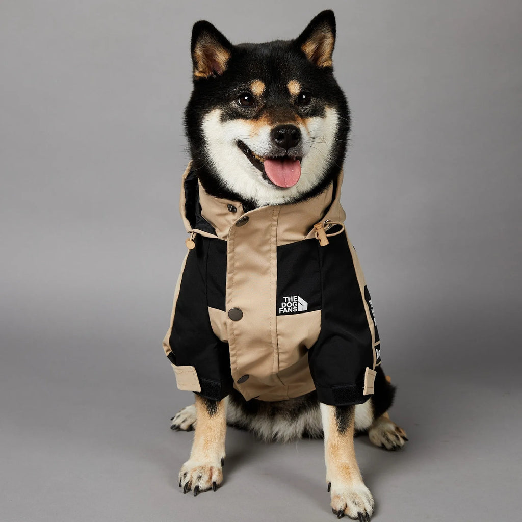Khaki polyester dog shell jacket showing simple design for canine weather protection