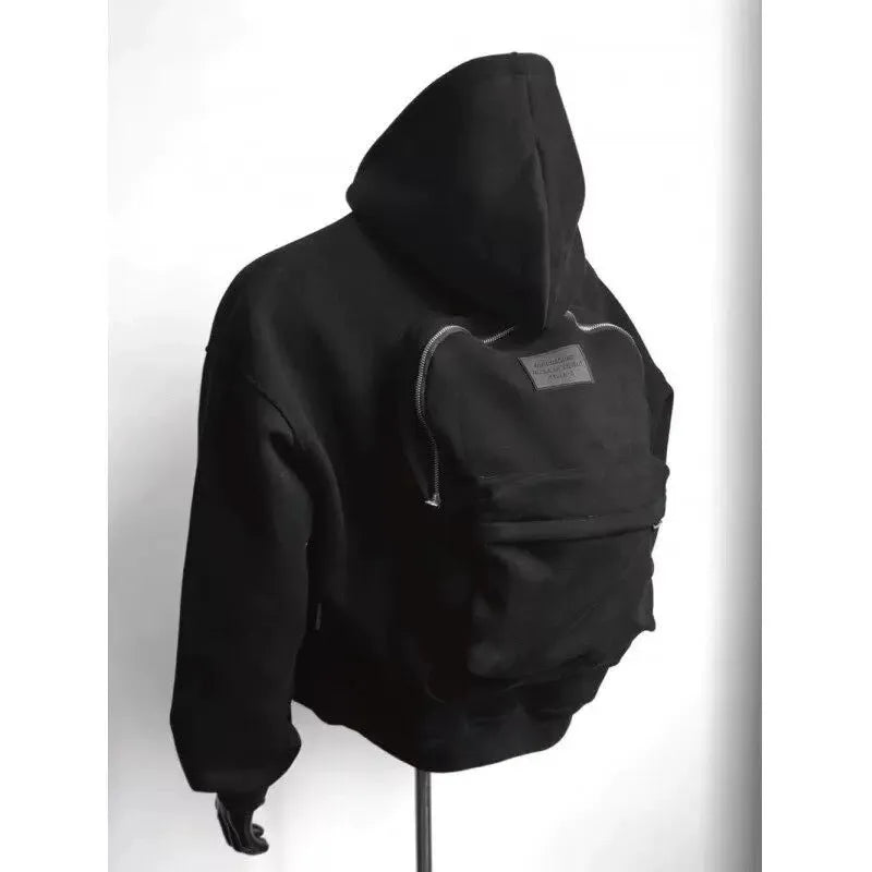 Men's light grey hooded hoodie with schoolbag design, polyester cotton blend fabric, shown front view