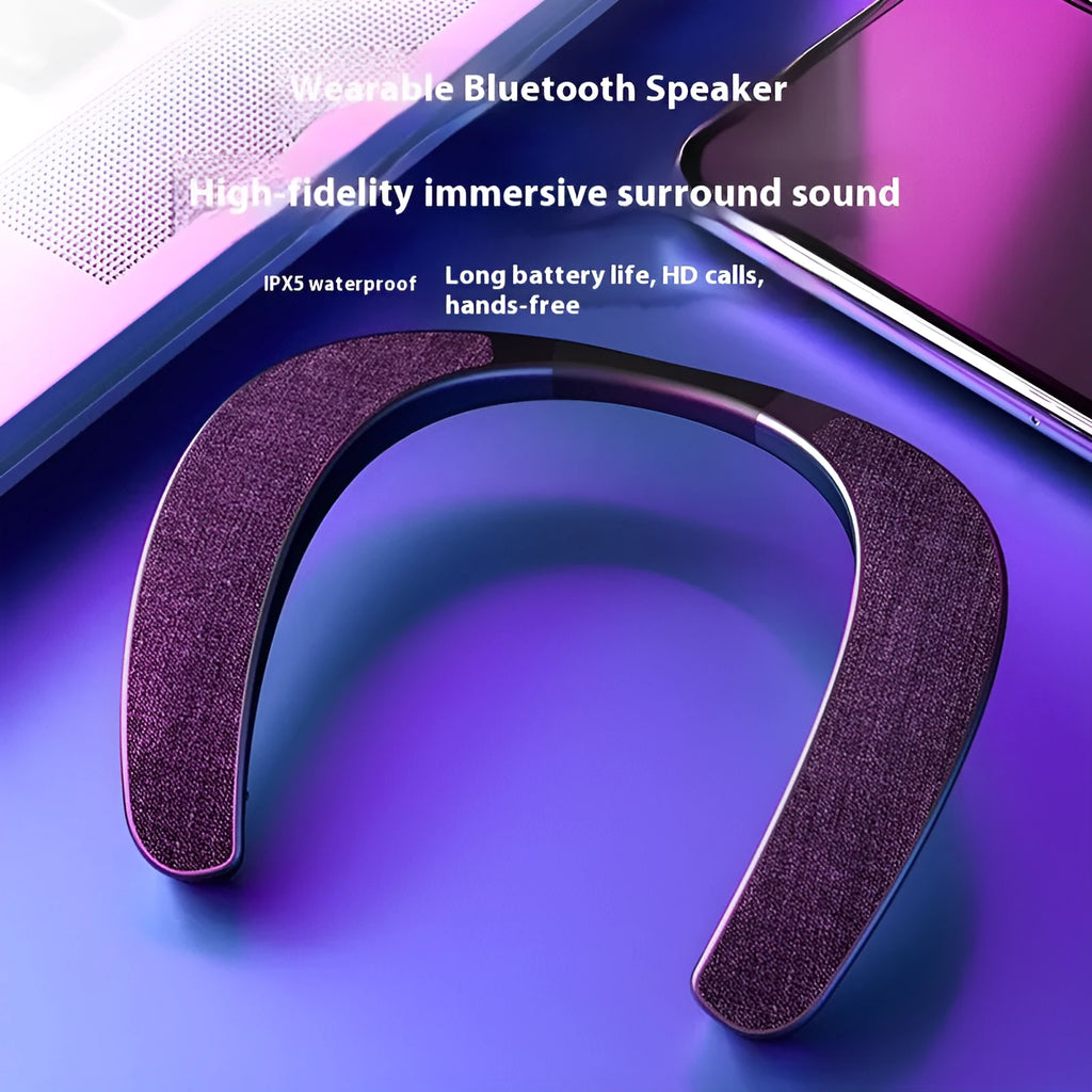 Neck-mounted stereo wireless Bluetooth speaker in black with USB charging