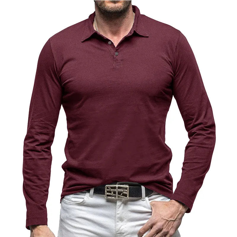 Men's dark grey cotton polo collar long sleeve t-shirt laid flat, showing American retro style.